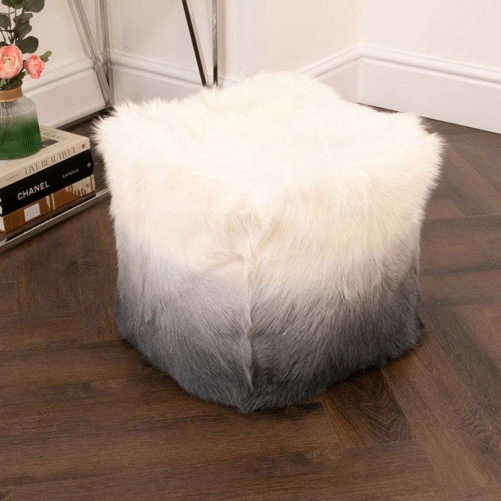 Isla Ombre Goatskin Pouffe Footstool in Ivory Charcoal